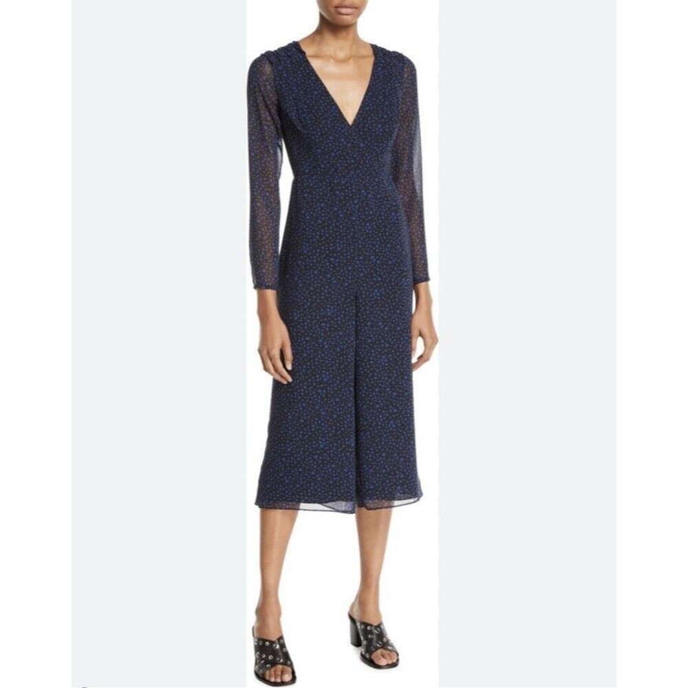 Fame & Partners Dotted Jumpsuit V-Neck Black/Blue Long Sleeve Wide Leg Size 2